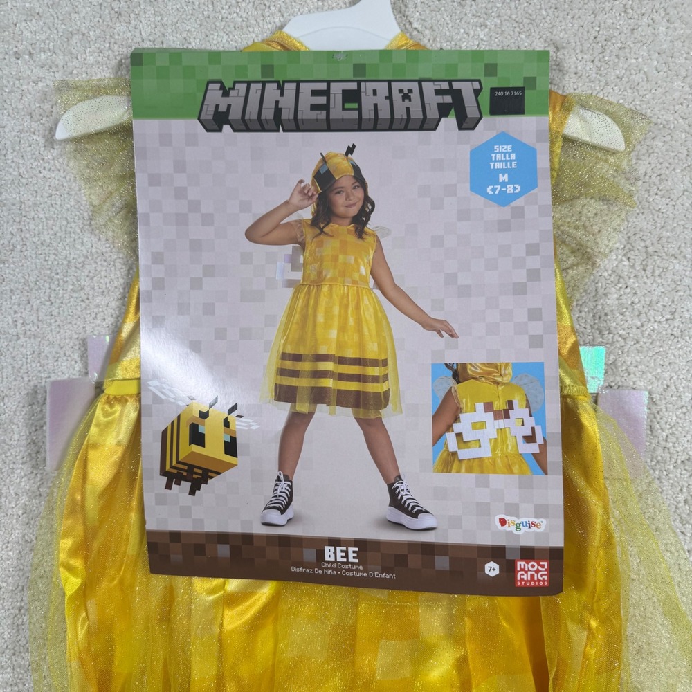 Disguise Minecraft Bee Child Costume Dress Size M 7-8 Girls Yellow Pixelated